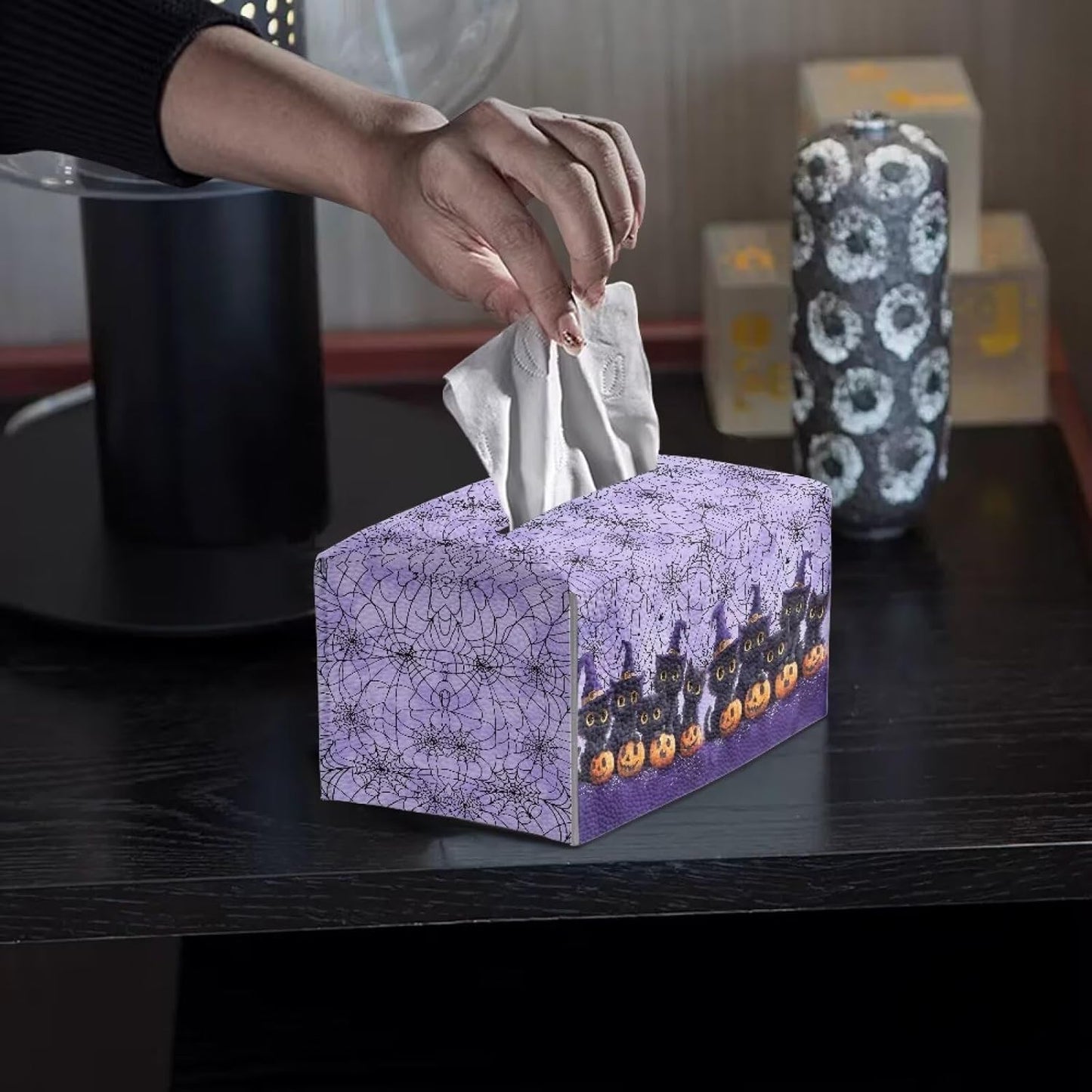 Halloween Tissue Box Covers Rectangle for Bathroom Cute Cat Pumpkin Pattern Pretty Tissue Holder with Bottom Belt Portable for Travel PU Leather Tissue Cover Decorative Organizer