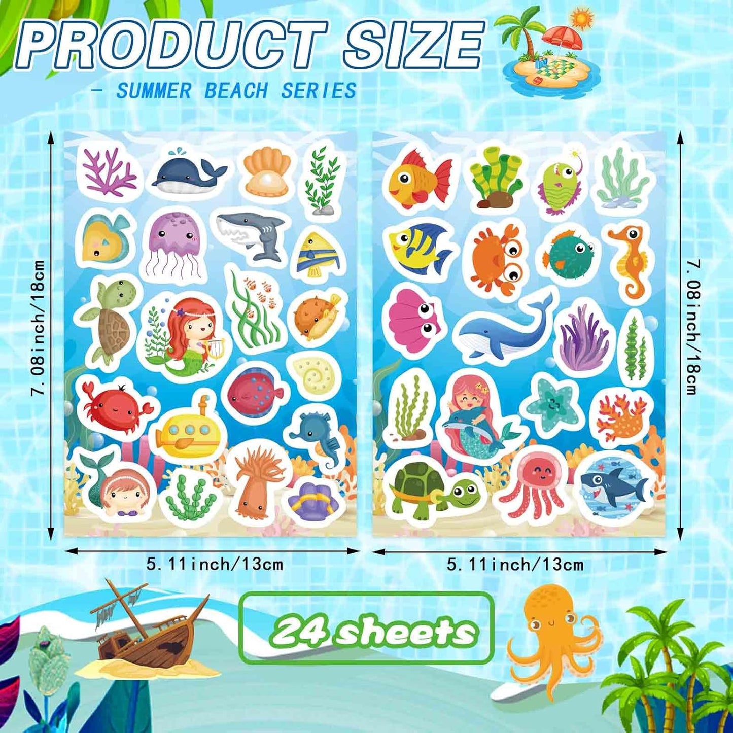 24 Sheets Ocean Stickers for Kids, Sea Animal Adhesive Waterproof Stickers, Mermaid Tropical Fish Shark Sticker, Under The Sea Animal Beach Sticker for Ocean Party Favors