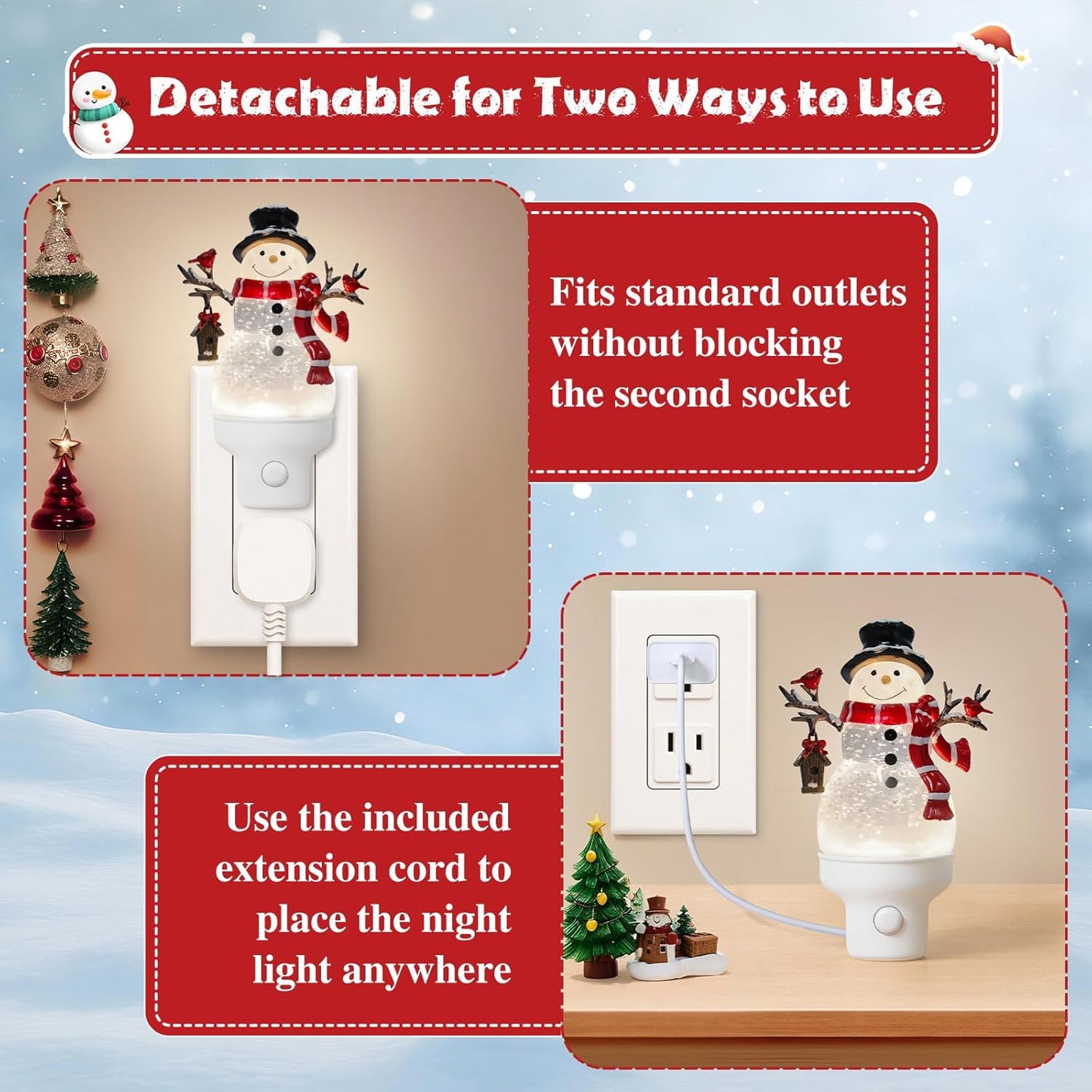 2 Pack Christmas Snowman Night Light Plug into Wall Glitter Water Nightlight with USB/Outlet Options, Christmas Decorative Nightlight for Bedroom Kitchen Holiday Decorations Gifts (Snowman)