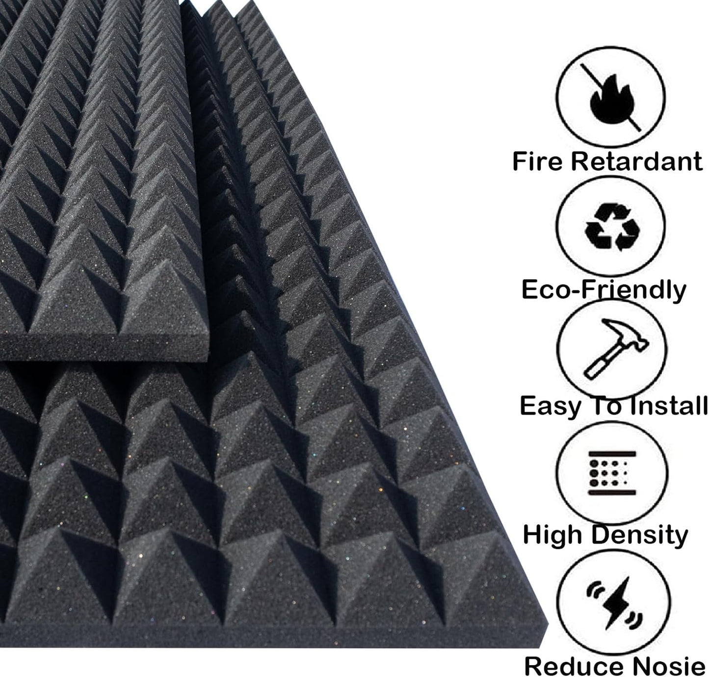 2 Pack Pyramid Sound Proof Foam,48x24x2 Inch High Density Soundproof Acoustic Panel for Wall,Fireproof Studio Foam Reducing Noise & Echo (Black)