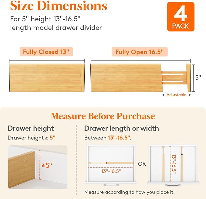 Lifewit 4 Pack 5" Deep Bamboo Drawer Dividers, 13-16.5" Expandable Drawer - Image 2