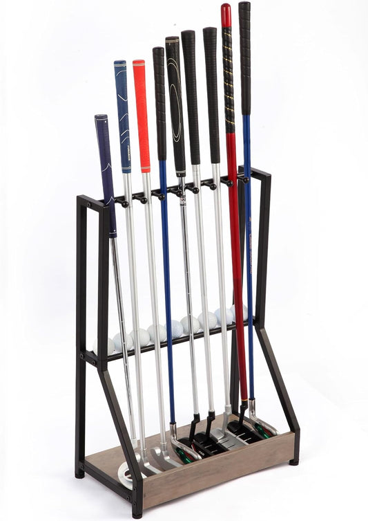 Golf Putter Stand for 9 Clubs & 9 Balls, Solid Wood & Iron Golf Club Rack