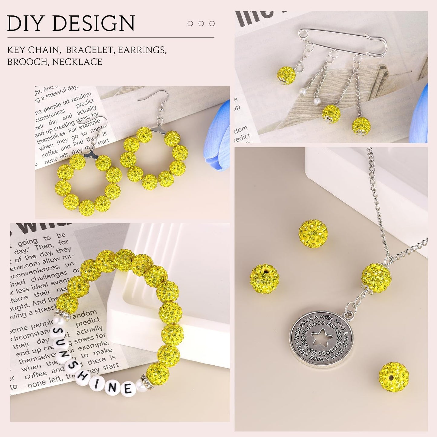 150 pcs 10mm Rhinestone Beads for Jewelry Making, Yellow Shiny Round Shamballa Disco Beads Bulk, Sparkle Crystal Clay Christmas for Bracelet Baseball Necklace Earring Crafting and DIY