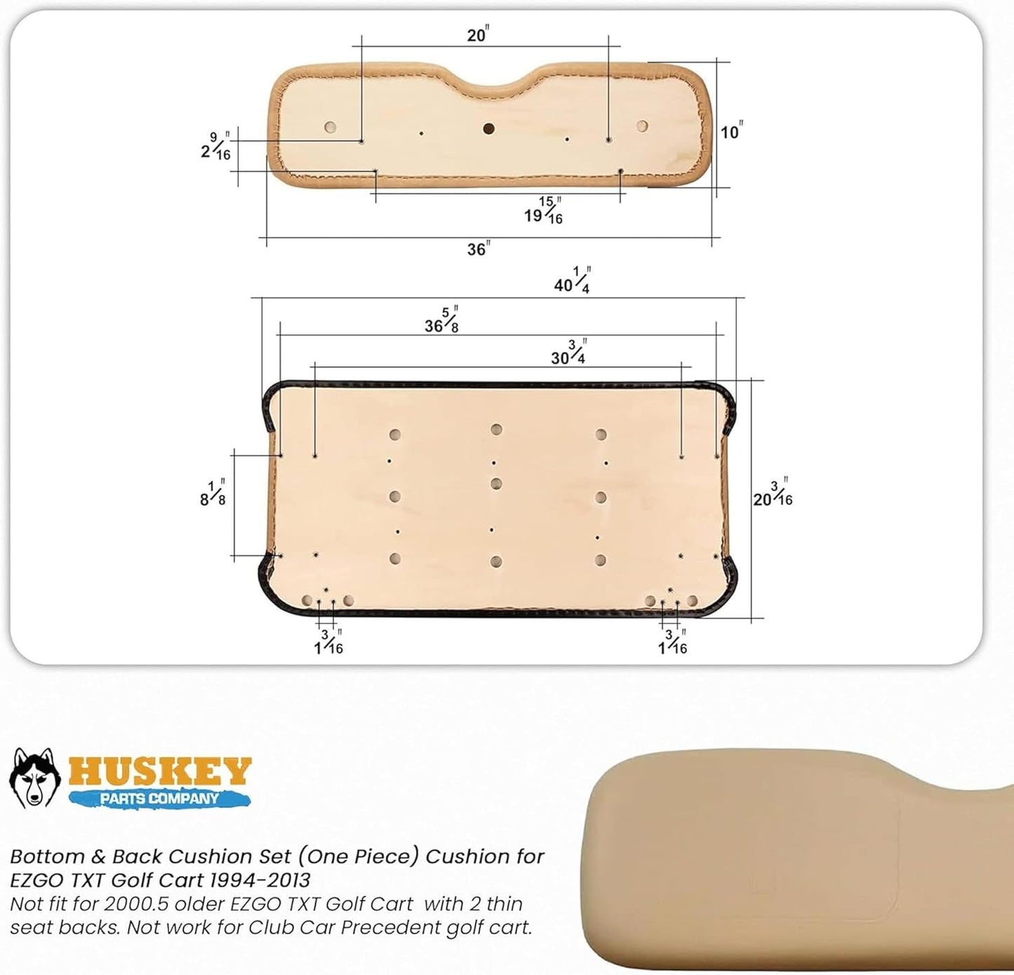 Huskey Parts Company Golf Cart Seat Cushion for Front Seat Lean Back, Tan Color for EZGO Medalist, TXT 1994 to 2013, Golf Cart Front Seat Replacement with Mounting Hardware