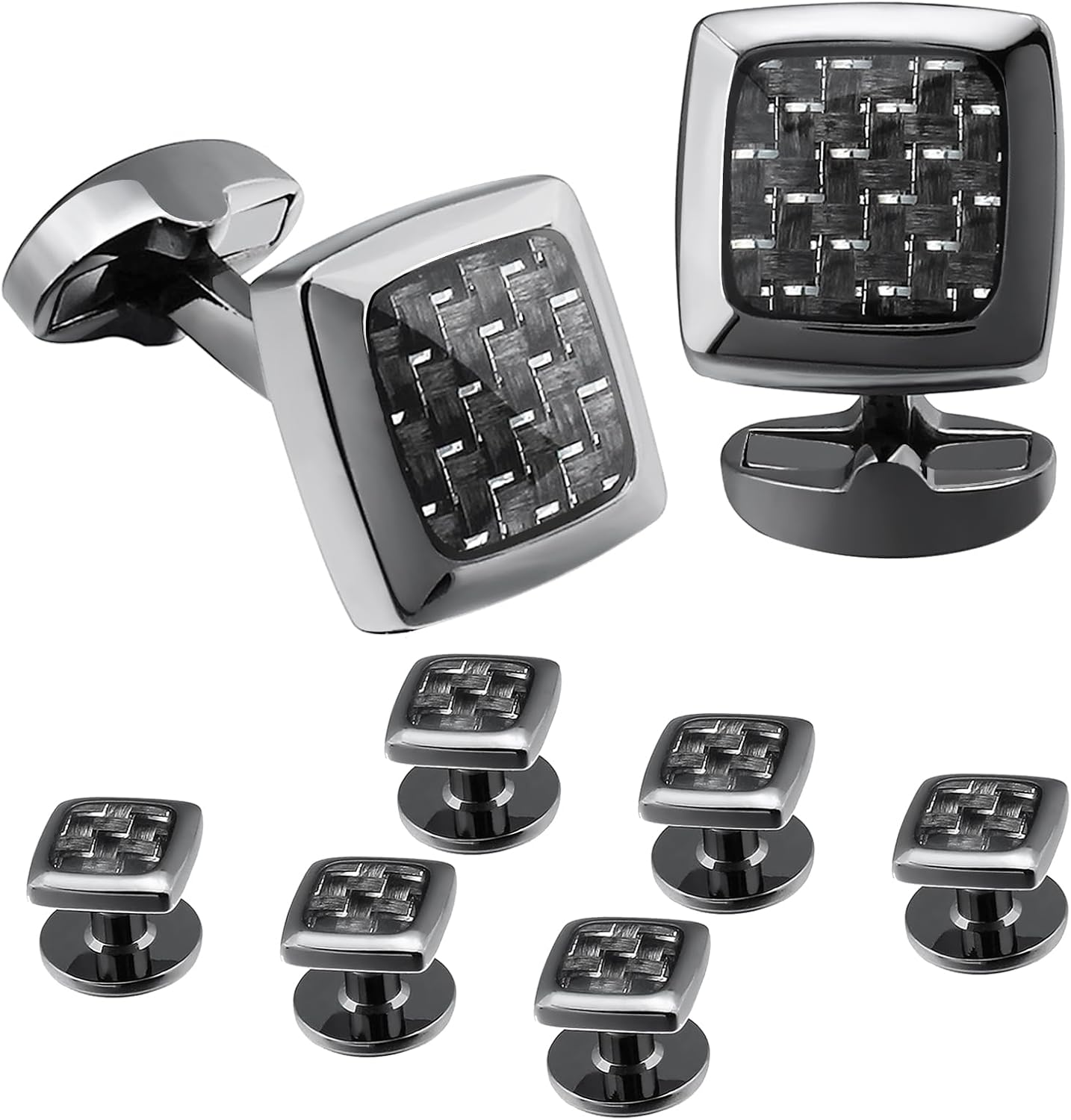 HAWSON Cufflinks and Studs for Men-Fashion Men Vintage Enamel Carbon Fiber Tuxedo Shirt Cufflinks and Studs Set for Regular Wedding Business Accessories