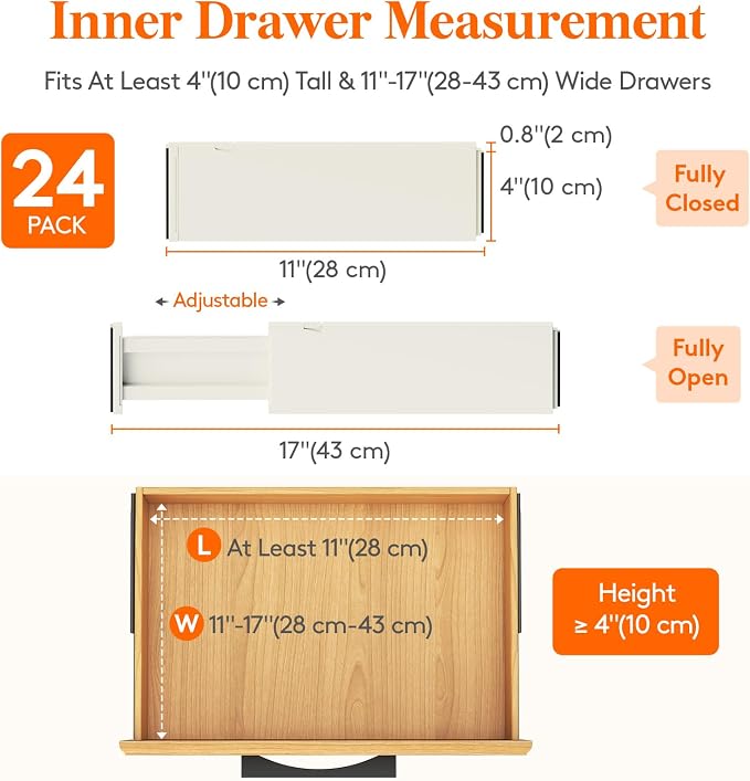 Lifewit 24 Pack Drawer Dividers 4" High, 11-17" Adjustable Dresser Drawer - Image 2