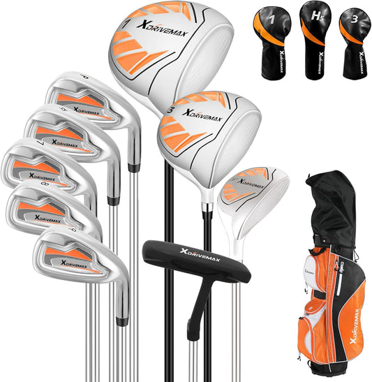 10 Pieces Golf Clubs Full Set Mens Right Hand,Golf Set Includes Stand Bag with Rain Hood, 1#Driver 3#Wood #5 Hybrid,with 3 Head Covers, 6# 7# 8# 9# PW# Irons and Putter