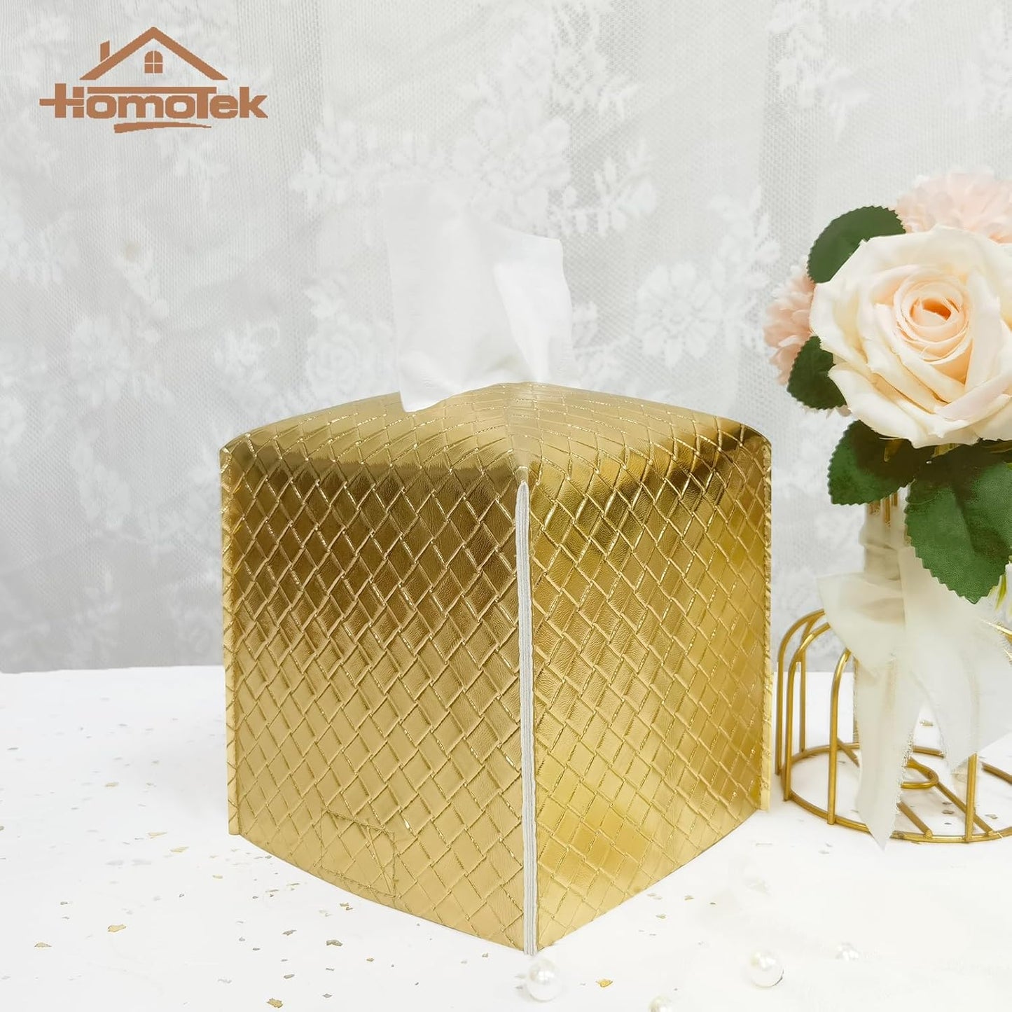 HOMOTEK 2 Pack Tissue Box Cover, Square PU Leather Tissue Holder, Decorative Facial Tissue Cube Paper Organizer Dispenser for Bathroom, Night Stands, Desk, Car 5X5X5'' - Woven Waffle, Brass
