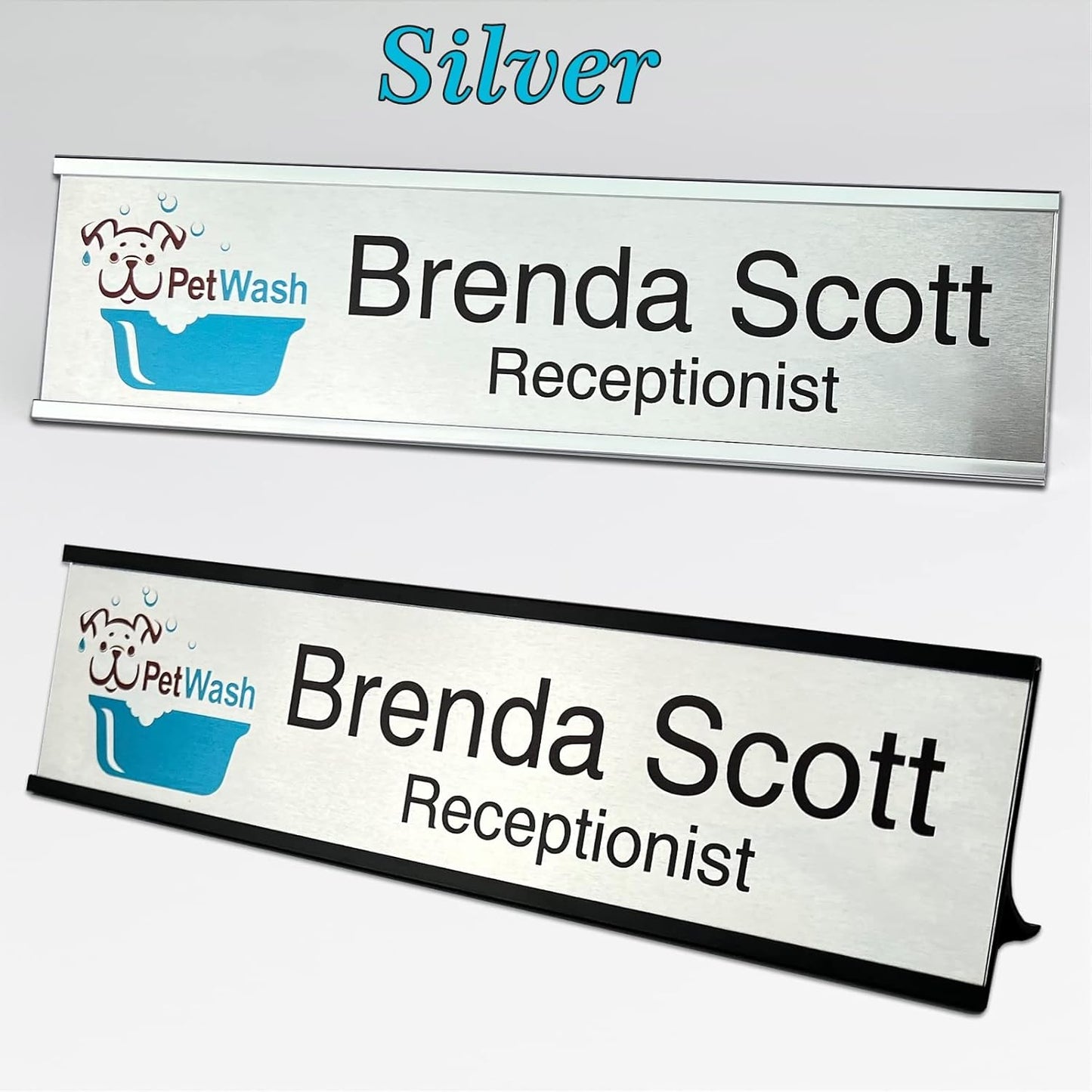 2" x 8" Personalized Aluminum Name Plates, Custom Office Desk or Wall Name Plates, Can Add Logo Image and Texts, Two Colors Silver, White, Holders are Optional (Custom Image+Text)