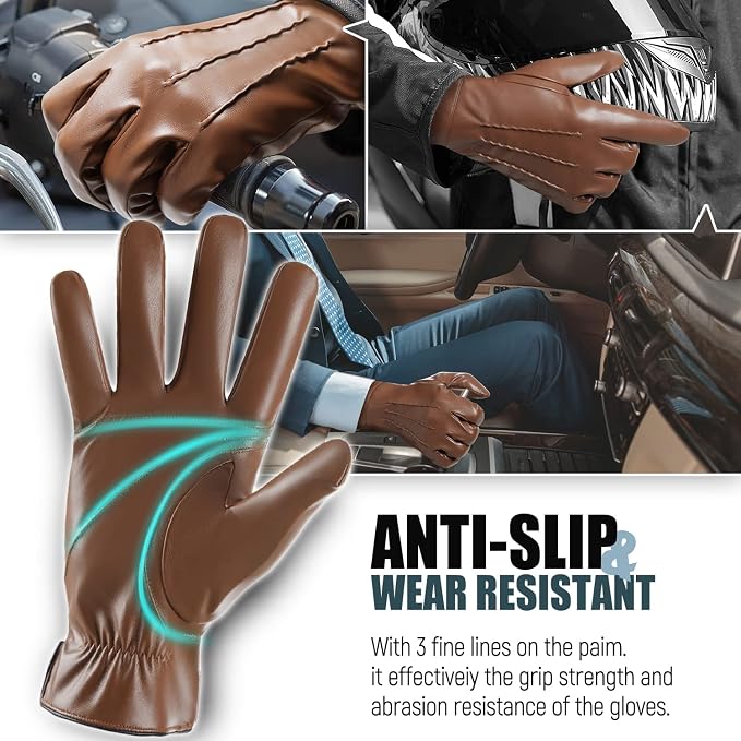 Winter Leather Gloves for Men, Touchscreen Snow Driving Gloves - Image 2