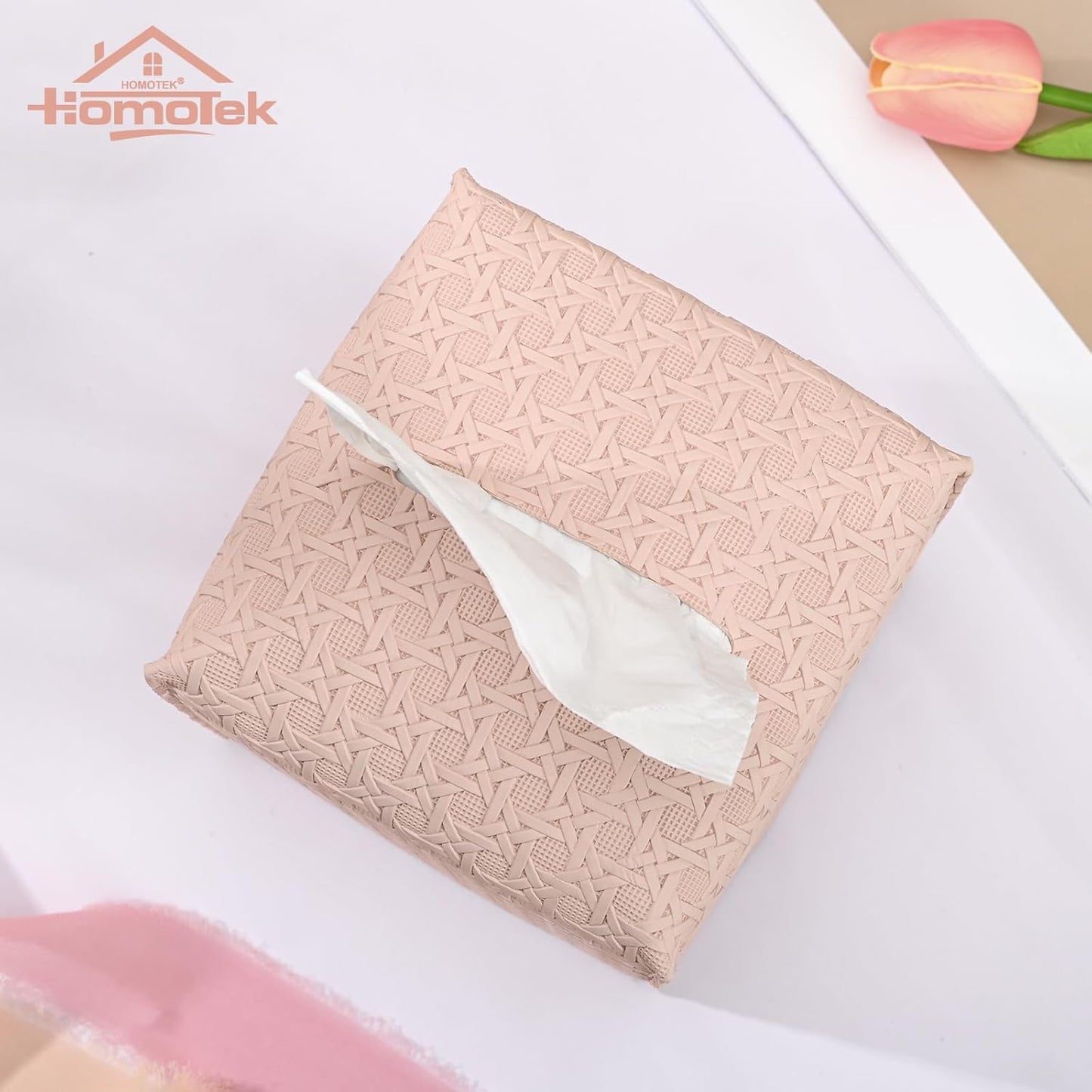 HOMOTEK 2 Pack Tissue Box Cover, Square PU Leather Tissue Holder, Decorative Facial Tissue Cube Paper Organizer Dispenser for Bathroom, Night Stands, Desk, Car 5X5X5'' - Rattan Weave,Macaron Pink
