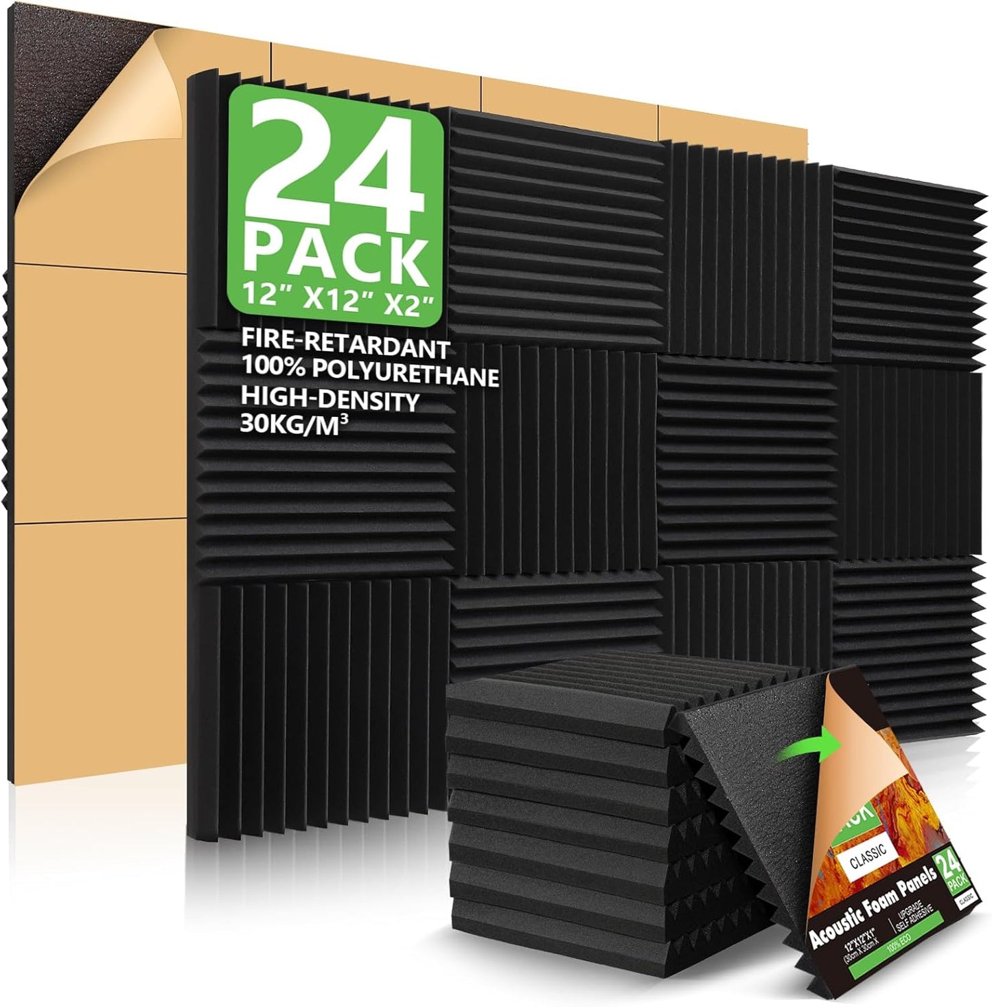 24 Pack Acoustic Panels Self-Adhesive, 2" X 12" X 12" Sound Proof Foam Panels, Quick-Recovery Acoustic Foam Wedges,High Density Soundproofing Wedges,Soundproof Wall Panels for Home Studio