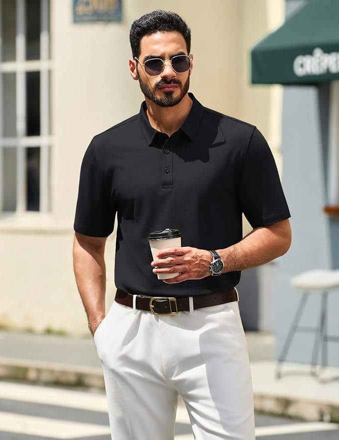TACVASEN Mens Polo Shirts Short Sleeve Pique 3 Buttons Golf Polo Cooling - Image 2
