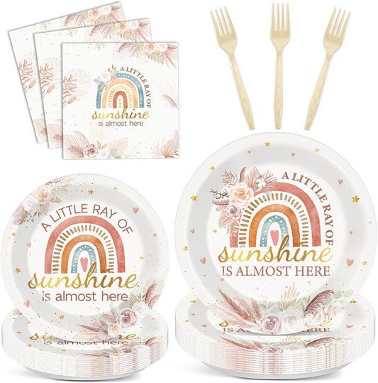96 Pcs Boho Rainbow Party Decorations Floral Boho Tableware Set Boho Rainbow Birthday Plates Napkins Forks for Girl Boy Baby Shower Ray of Sunshine Birthday Dinnerware Party Supplies 24 Guests