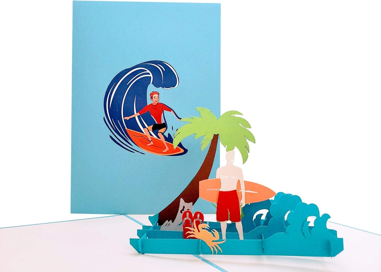 iGifts And Cards Blue Wave Surfer 3D Pop-Up Card – Ocean Escape, 5" x 7", Tropical Beach Theme, Unique Gift for Guy Surfers, Summer Vibes, Birthdays, Special Events, and Coastal Adventure Lovers