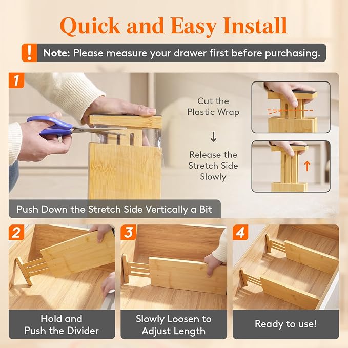 Lifewit 4 Pack 5" Deep Bamboo Drawer Dividers, 13-16.5" Expandable Drawer - Image 6