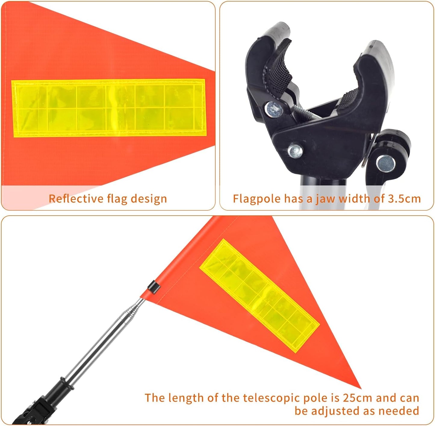 2 Pack Reflective Safety Flag - 22X30cm Orange, Telescopic Pole, Mount for Golf Carts & Wheelchairs