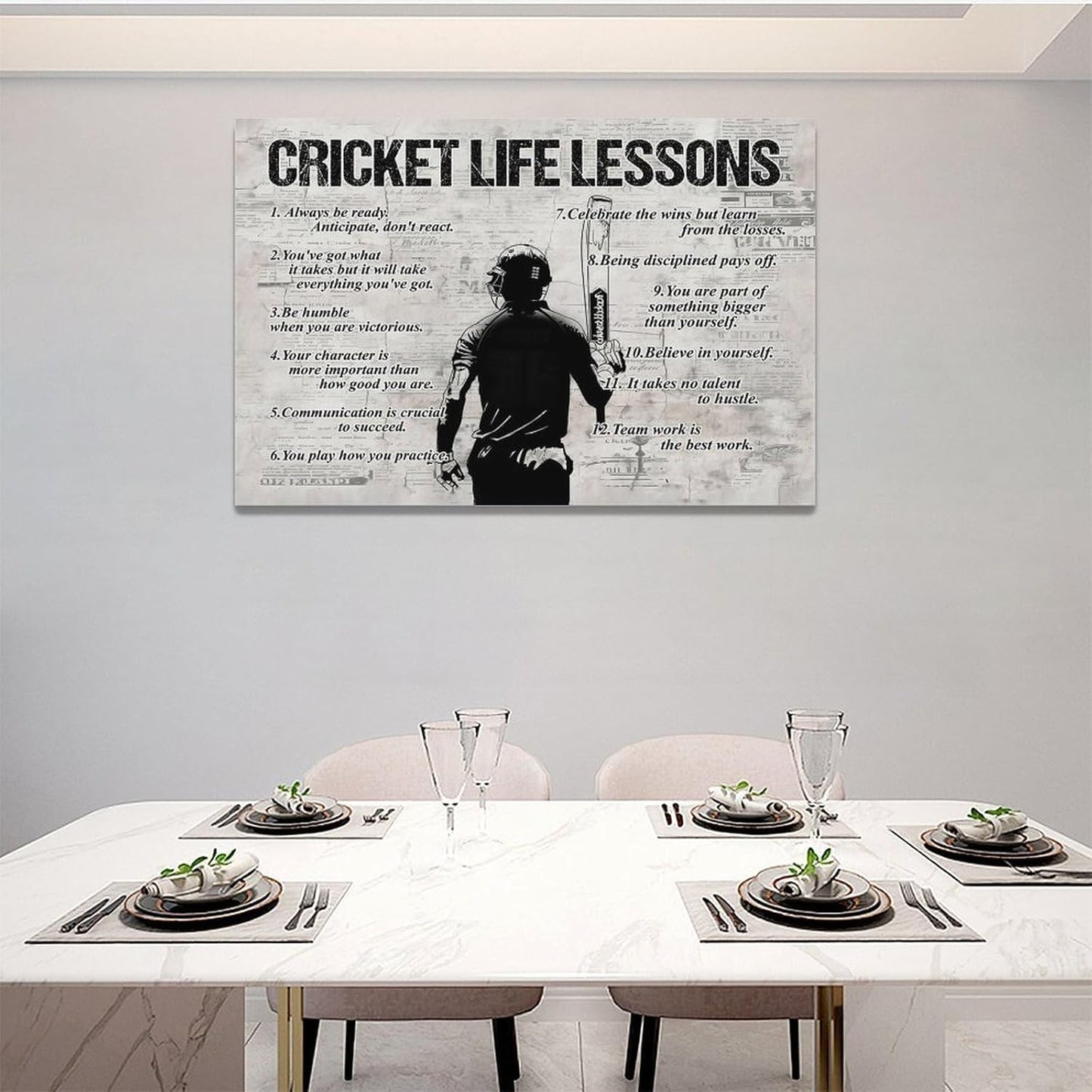 Gyeong Cricket Sports Wall Art Cricket Life Lessons Wall Decor Cricket Sign Retro Poster Boy Men Room Motivational Decorations Canvas Print Painting Artwork for Bedroom Bathroom Living Room 24"x16"