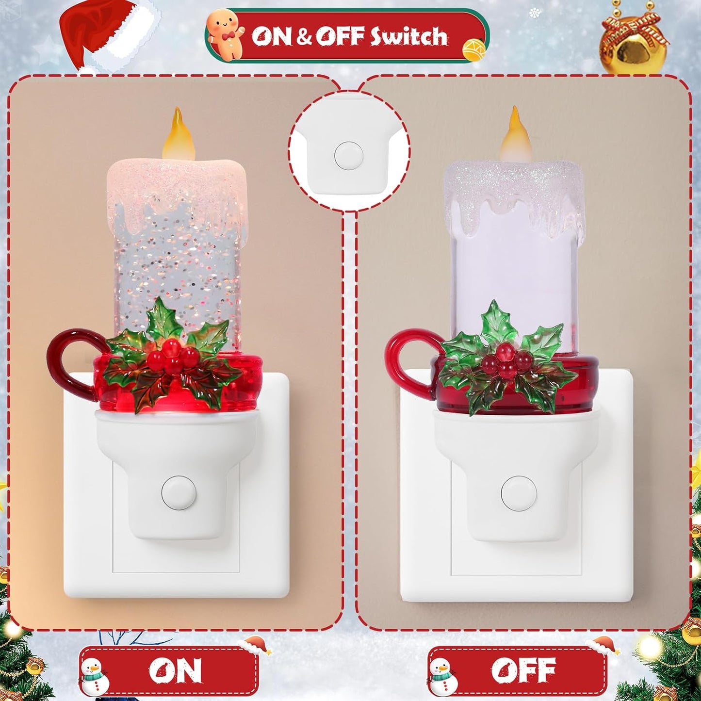 2 Pack Christmas Candle Night Light Plug into Wall Glitter Water Nightlight with USB/Outlet Options, Christmas Decorative Nightlight for Bedroom Kitchen Nursery Holiday Decorations Gifts (Candle)