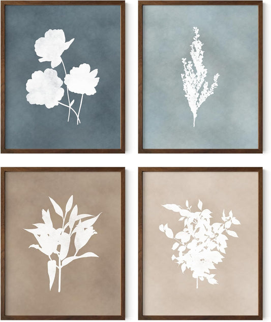 HAUS AND HUES Floral Wall Art - Set of 4 Plant Posters for Wall Vintage Botanical Prints, Flower Pictures for Room Aesthetic, Vintage Art Prints Flower Wall Art (Walnut Frame, 8x10)
