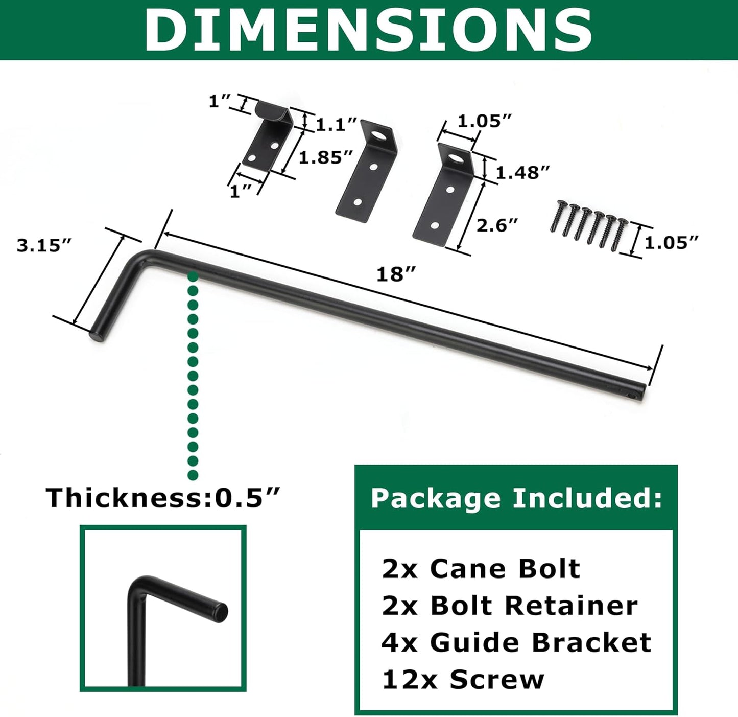 18" Heavy Duty Cane Bolt Gate Drop Rod with Upgraded Design, Square Drop Rod Kit for Double Gate Wood PVC Vinyl Metal Yard Gate Latch-2 Pack