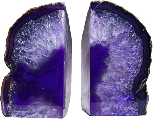 AMOYSTONE Heavy Agate Bookends, Natural Crystal Gemstone Book Holders Purple 5-6 LBS for Shelves, Stylish and Functional Bookends Gift for Women