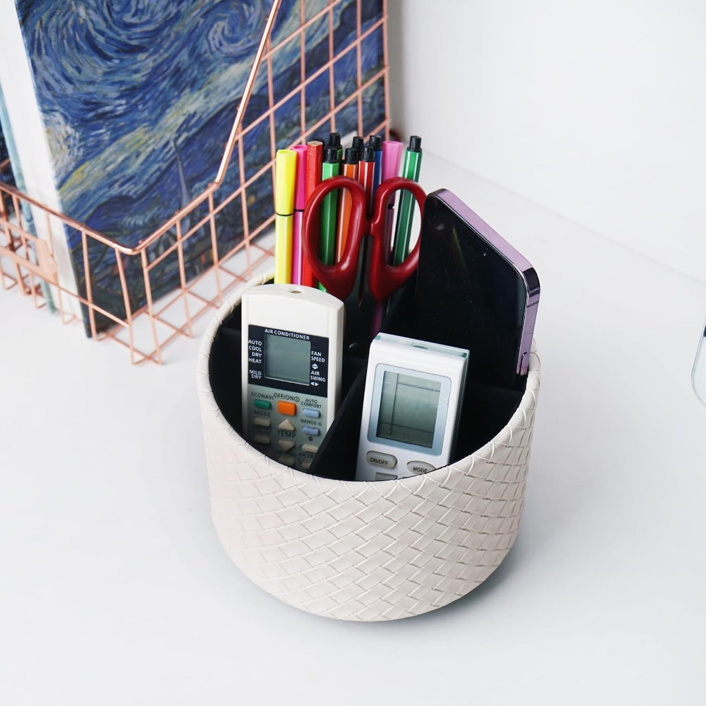Hennaja Round Leather Art Supply Organizer,Remote Control Holder,360 Degree Spinning,Multi-Functional Pencil Holder,4 Compartments Desktop Stationary Organizer(1-Weave White)