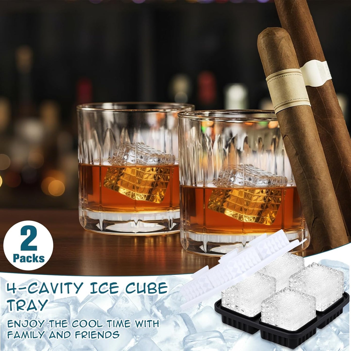 Hoolerry 2 Pcs Silicone Ice Cube Tray Large Square Sphere Golf Ice Tray 4 Hole Fun Shapes Big Ices Cube Mold with Funnel for Whiskey Cocktails Bourbon Chilling White Elephant Gifting(Square)