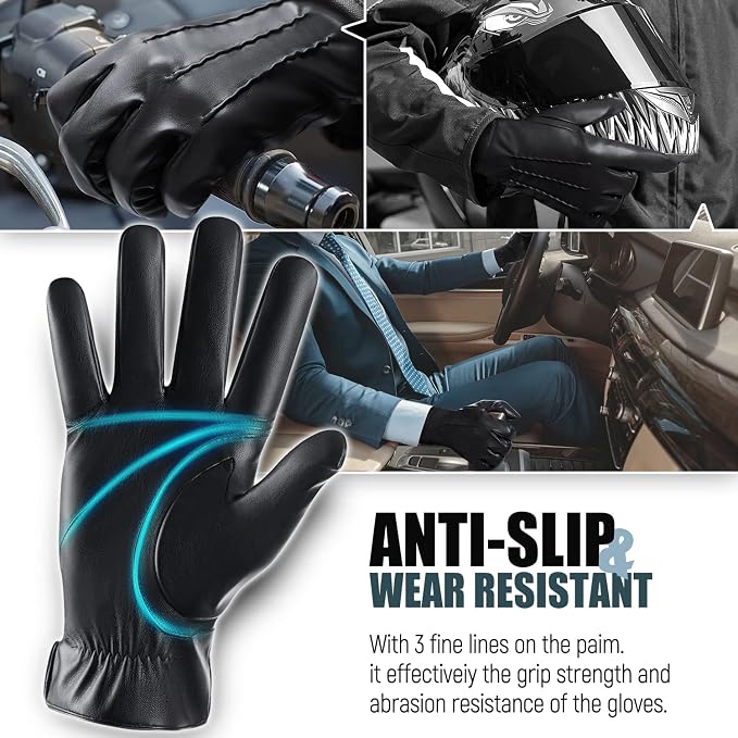 Winter Leather Gloves for Men, Touchscreen Snow Driving Gloves - Image 3