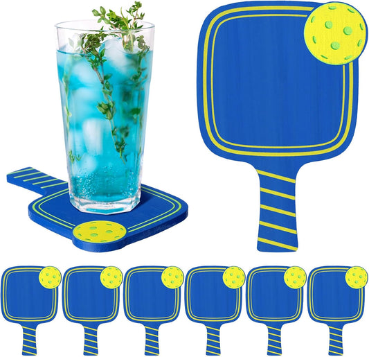 Hushee 6 Pcs Dinkball Drink Coasters Wood Coasters Set Paddle Shape with Handle Funny Gift for Women Men Sports Lovers Fans Party Favors Decorations (Blue)