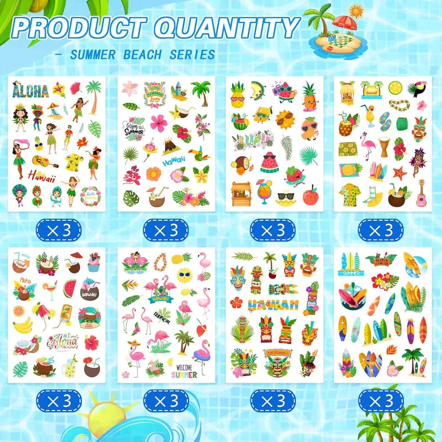 24 Sheets Summer Pool Beach Stickers Luau Hawaii Sun Stickers Sea Beach Watermelon Beer Ice Cream Pineapple Sticker for Hawaii Tropical Decoration Sticker Summer Holiday Party Favors