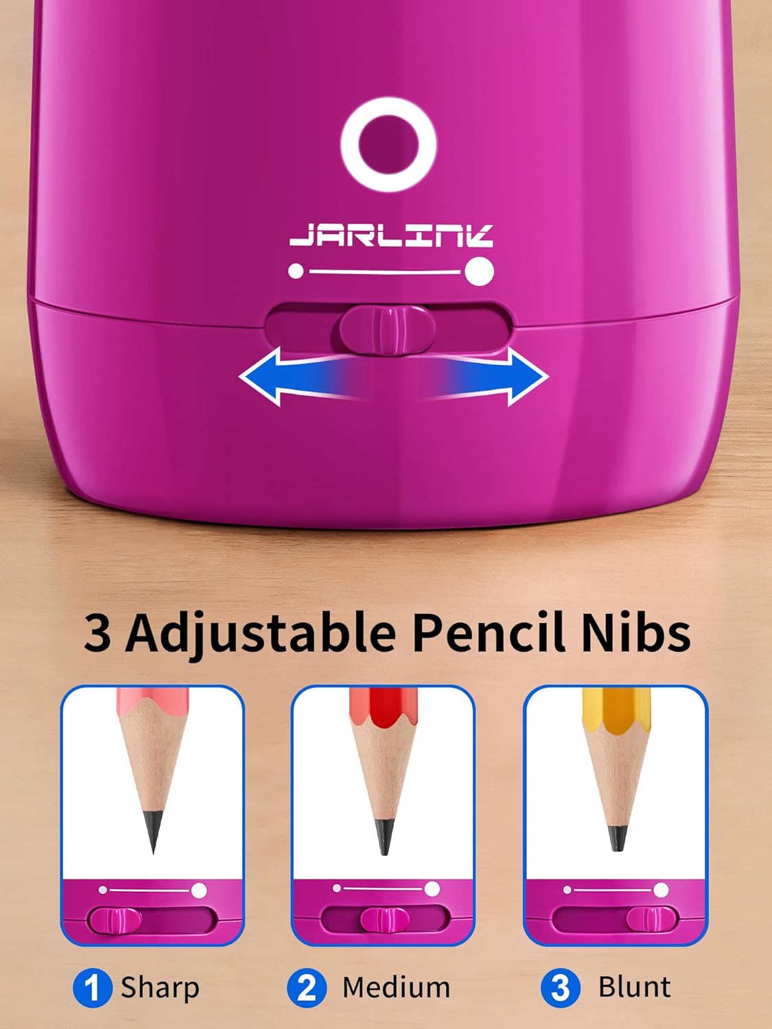 JARLINK Automatic Electric Pencil Sharpener - Hands-Free Operation, 3 Sharpness Modes, 3-Second Sharpening, Rechargeable & Portable for 7-12mm Pencils, Ideal for Classroom and Home Use (Purple)