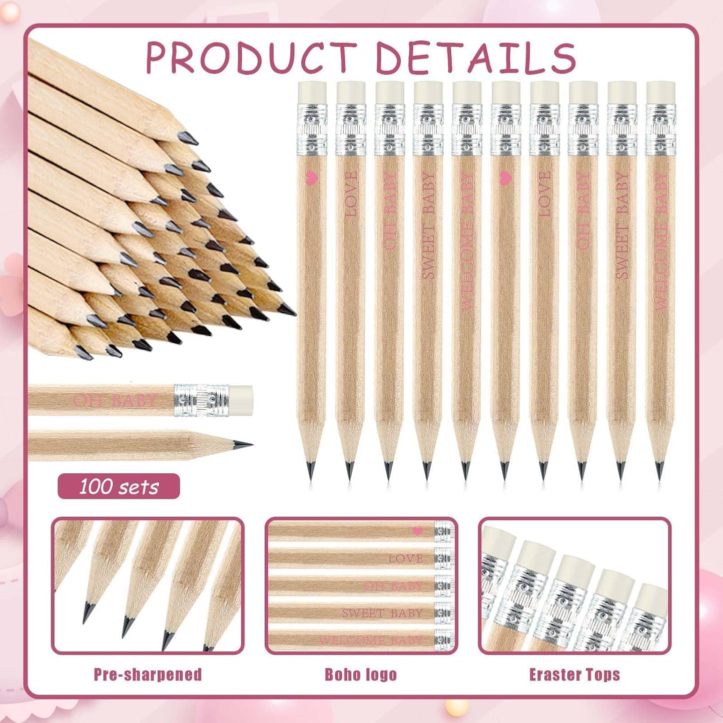 100 Sets Pink Baby Shower Pencils Gifts Bulk for Guest Golf Half Pencils Baby Shower Game Sharpened Mini Pencil with Eraser It's A Girl Gender Reveal Party Favors
