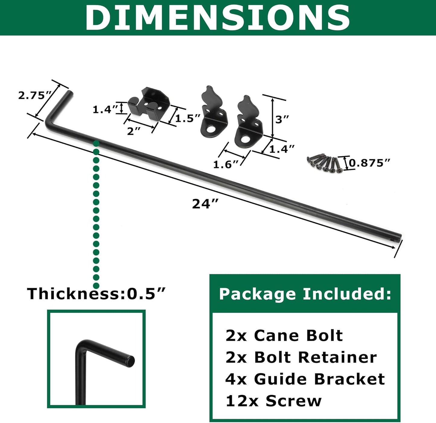 24" Heavy Duty Cane Bolt, Double Gate Latch with Black Finish, 2 Way Gate Drop Rod for Wood PVC Vinyl Metal Fences Gates Double Doors-2 Pack