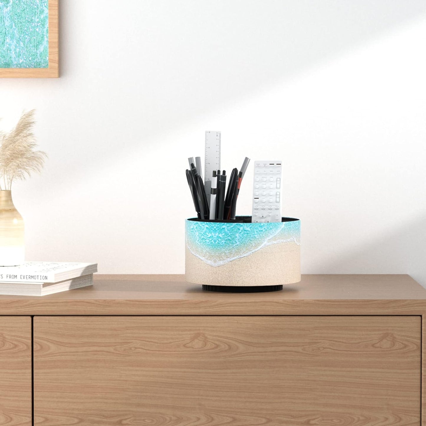 Hennaja Round Leather Art Supply Organizer,Remote Control Holder,360 Degree Rotating,Multi-Functional Pencil Holder,4 Compartments Desktop Stationary Organizer(1-Sandbeach)