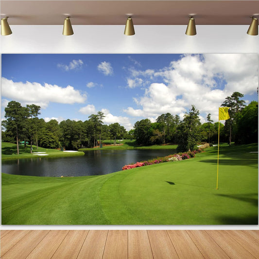 Golf Course Backdrop - Woodland Green Grass Lawn Flag Lake Sports Backgrounds for Photography, Party Decorations, Birthday Banner, Photo Studio Props - 8x6ft