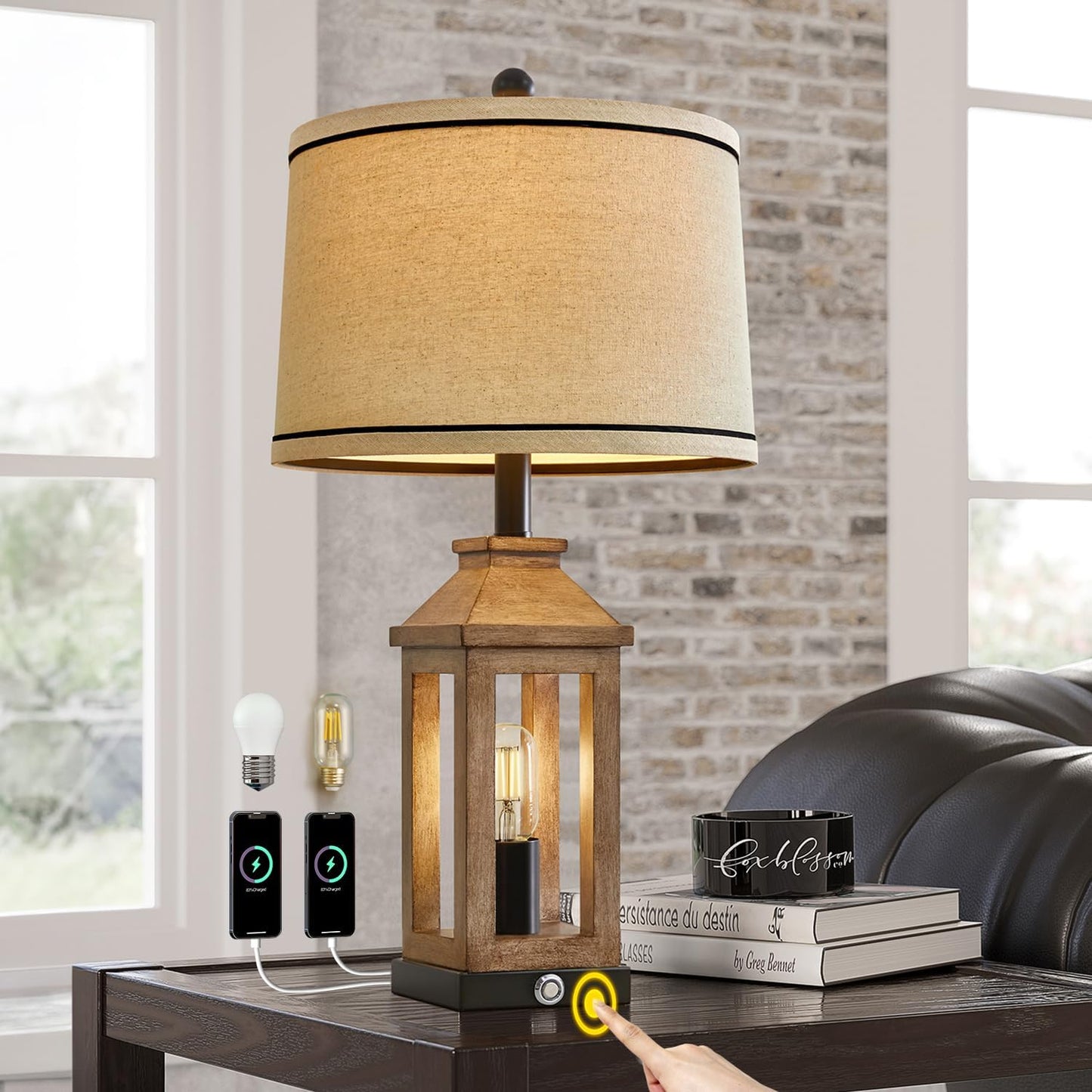 23.75" Farmhouse Table Lamps USB A+C Charging Ports 3-Way Dimmable Touch Control Lamp Nightlight Vintage Modern Lamp for Living Room Bedroom with 2 Light Sources