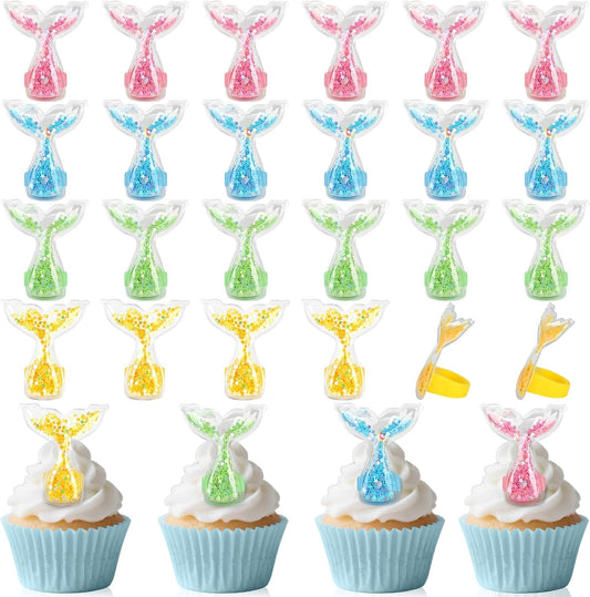 24Pcs Mermaid Tails Cupcake Ring Toppers Under the Sea Cupcake Topper for Mermaid theme Birthday Party Cake Decorations Baby Shower Weeding Anniversary Sea Party Supplies