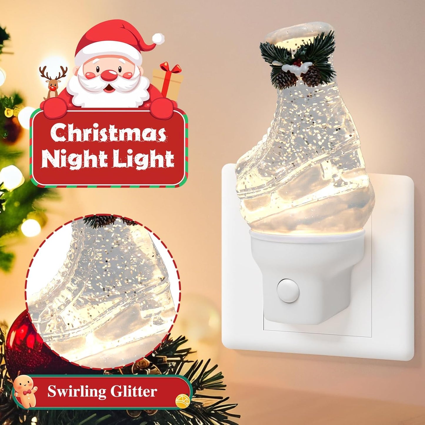 2 Pack Christmas Night Light Plug into Wall Glitter Water Nightlight with USB/Outlet Options, Christmas Ski Boots Decorative Nightlight for Bedroom Kitchen Holiday Decorations Gifts (Ski Boots)