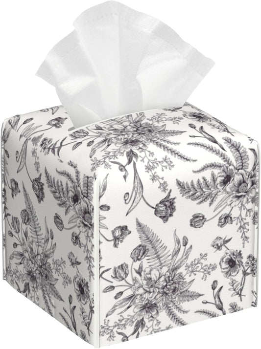 Black and White Flowers Tissue Box Cover Square,Vintage Floral Plant Leaves Tissue Box Holder Waterproof Leather Facial Paper Organizer Dispenser for Bathroom Home Car Nightstand Vanity Desk