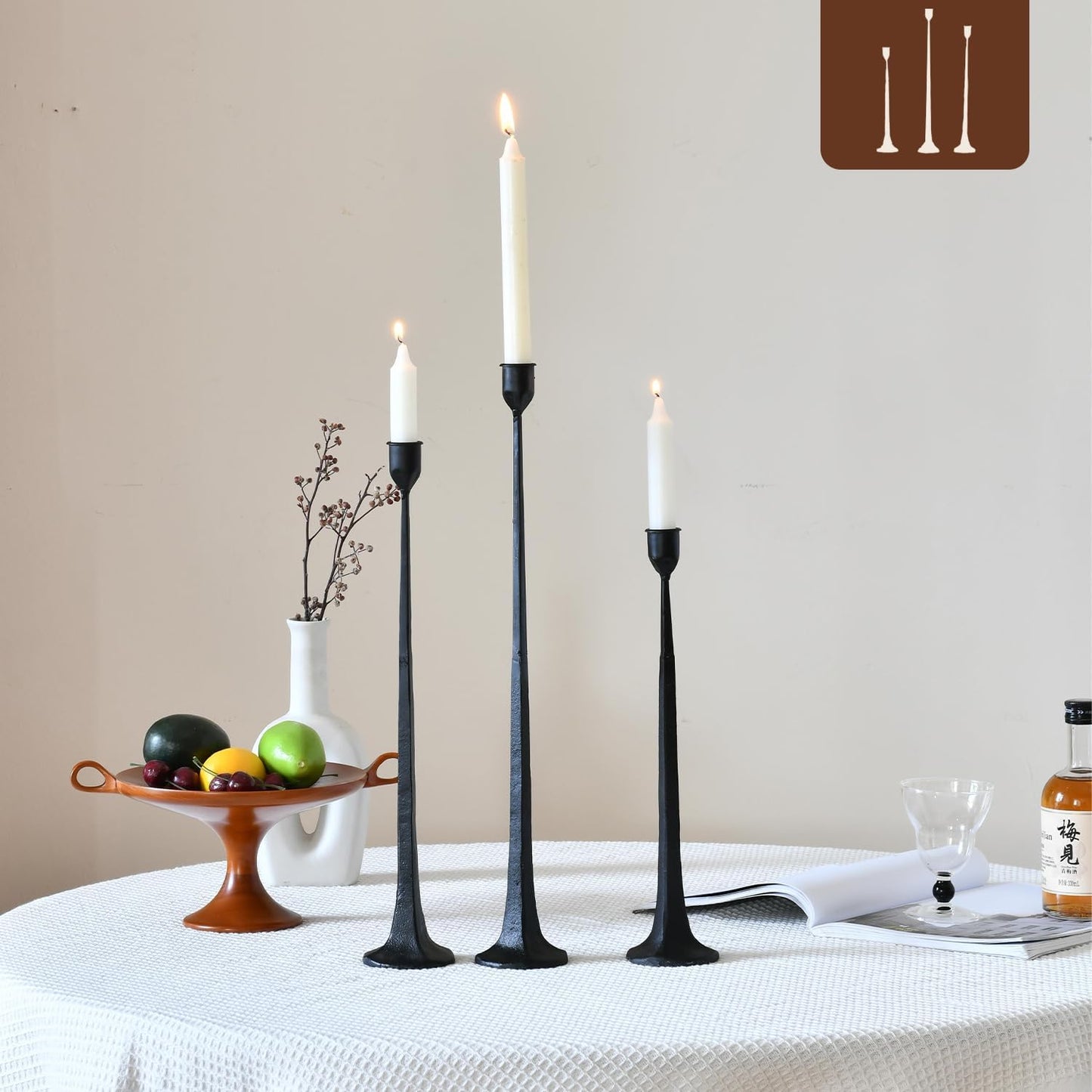 Iron Black Candlestick Holders, Set of 3 Candle Stick Holders,Fits 3/4 inch Thick Candle&Led Candles, Vintage Modern Decorative Centerpiece for Dining Table Centerpiece, Wedding, Party Decor