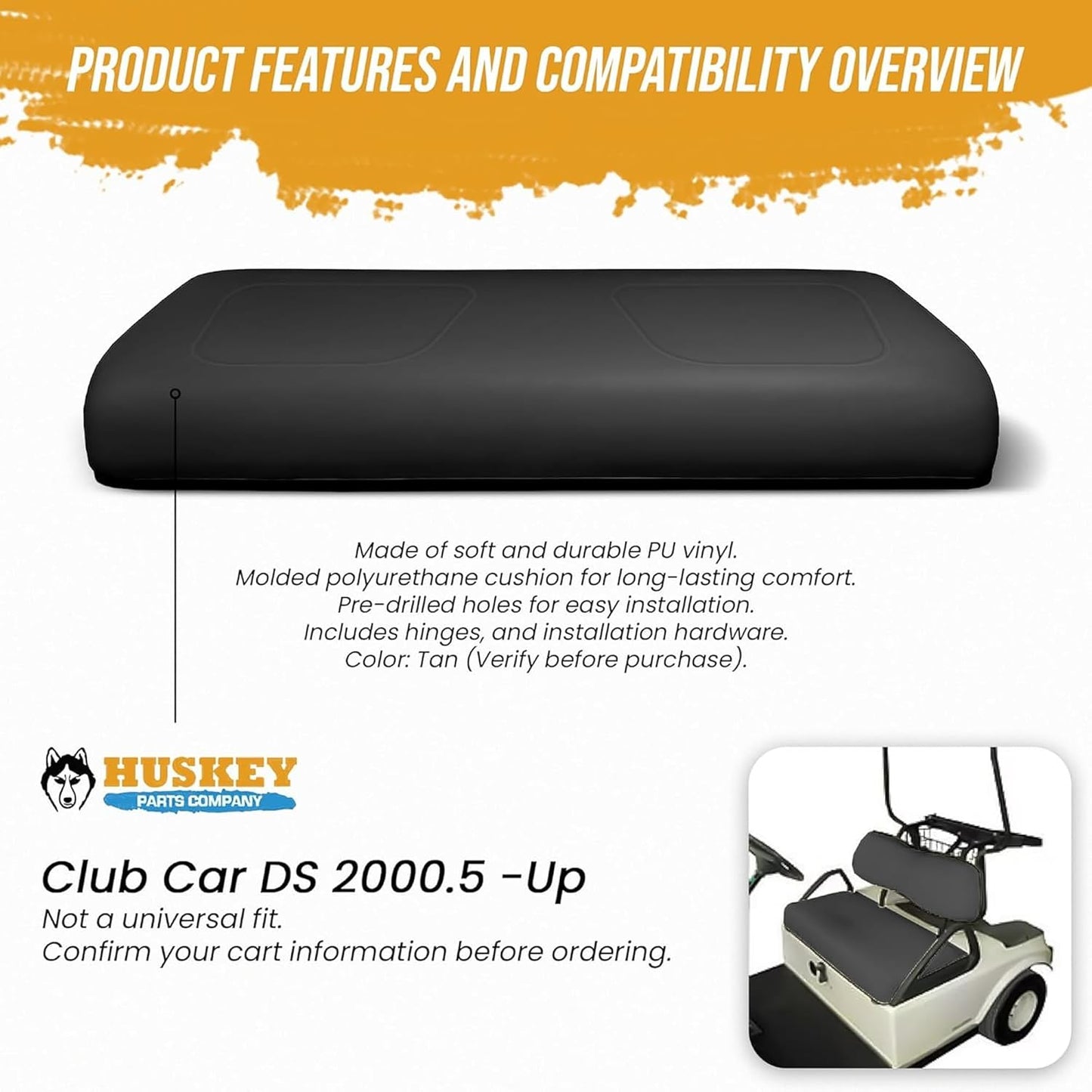 Huskey Parts Company Golf Cart Seat Cushion, Black Color Front Bottom Seat for Club Car DS 2000 to 5 & Up, Golf Cart Front Seat Replacement with Mounting Hardware & Hinges