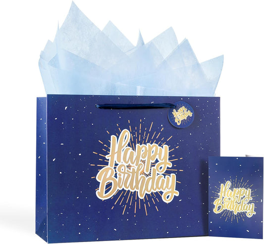 13" Blue Happy Birthday Gift Bag with Tissue Paper and Greeting Card for Party,Happy Birthday Gift Bag for Men Women, Gift Bags Medium size(1 PCS Blue)