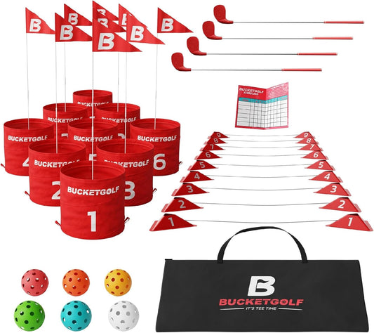 bucketgolf Game 9 Hole Bundle with Clubs - Outdoor Golf Game for All Ages Adults, Kids, Family. Play Golf Anywhere Yards, Beach, Park, Backyard Games. (4 Clubs (4 RH))