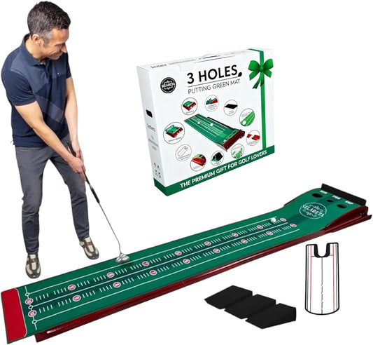 Indoor Putting Green- 10 ft. 3 Holes Professional Golf Mat with Auto Ball Return, Non-Slip Base,Mirror and 4 Slopes. for Home, Office, or Backyard – Golf Gift Training Aid for Beginners and Adults