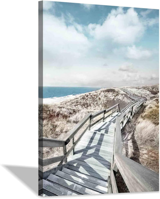 Beach Pier Canvas Wall Art: Boardwalk Stair Picture Graphic Art Painting for Wall Decor(24''x36'')