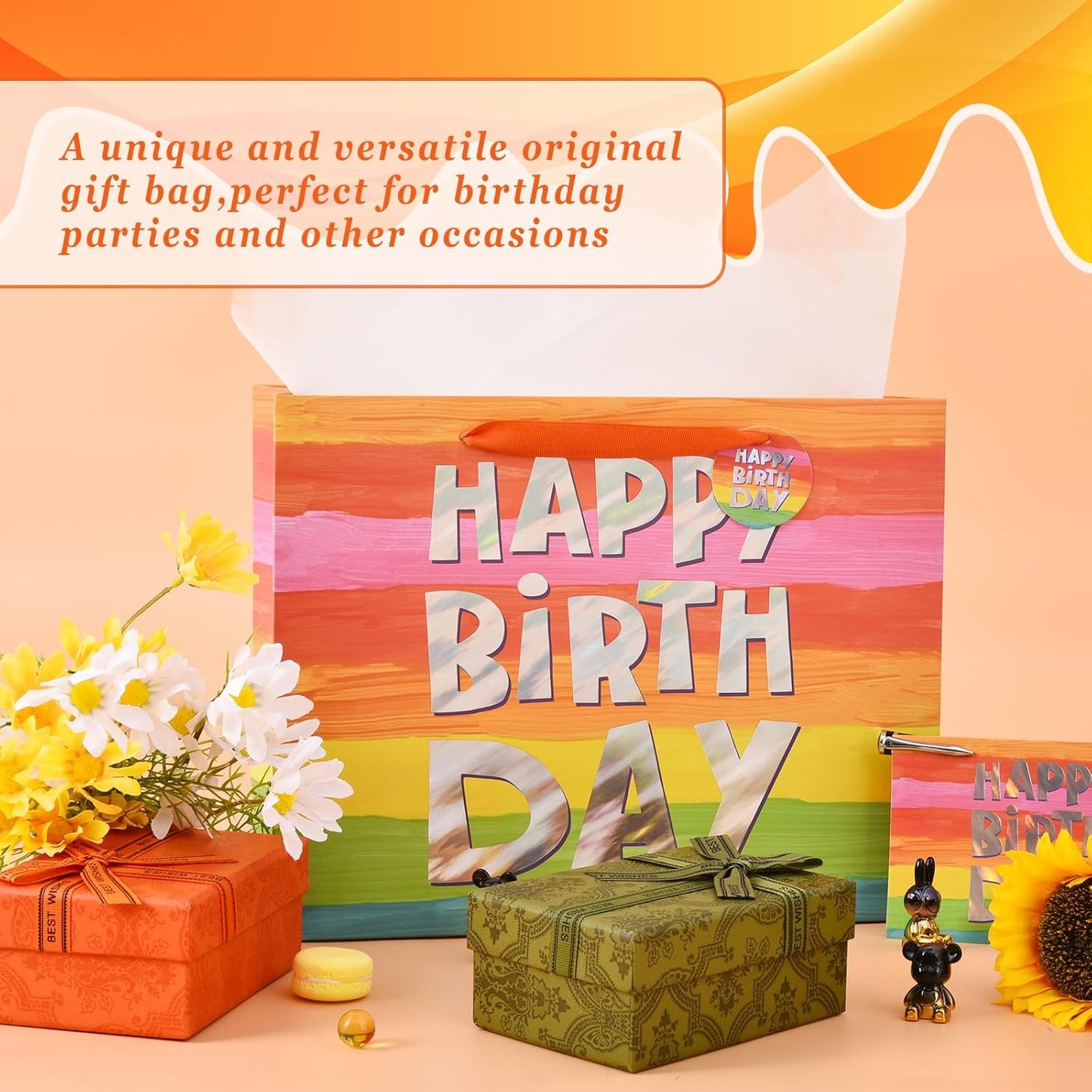 13" Colorful Happy Birthday Gift Bags with with Tissue Paper and Greeting Card for Party,Happy Birthday Gift Bag for Kids, Boys, Girls, Baby Boy,Men Women,Gift Bags Medium size (1 PCS Colorful)