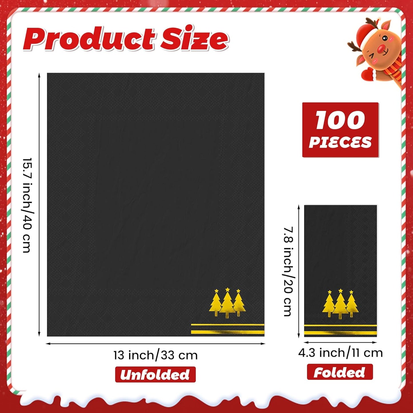 100 Pieces Christmas Napkins Disposable Christmas Gold Paper Napkins 7.8 x 4.3 Inch Decorative Guest Party Napkin Black Gold Foil Xmas Tree Hand Towels for Winter Party Wedding Birthday