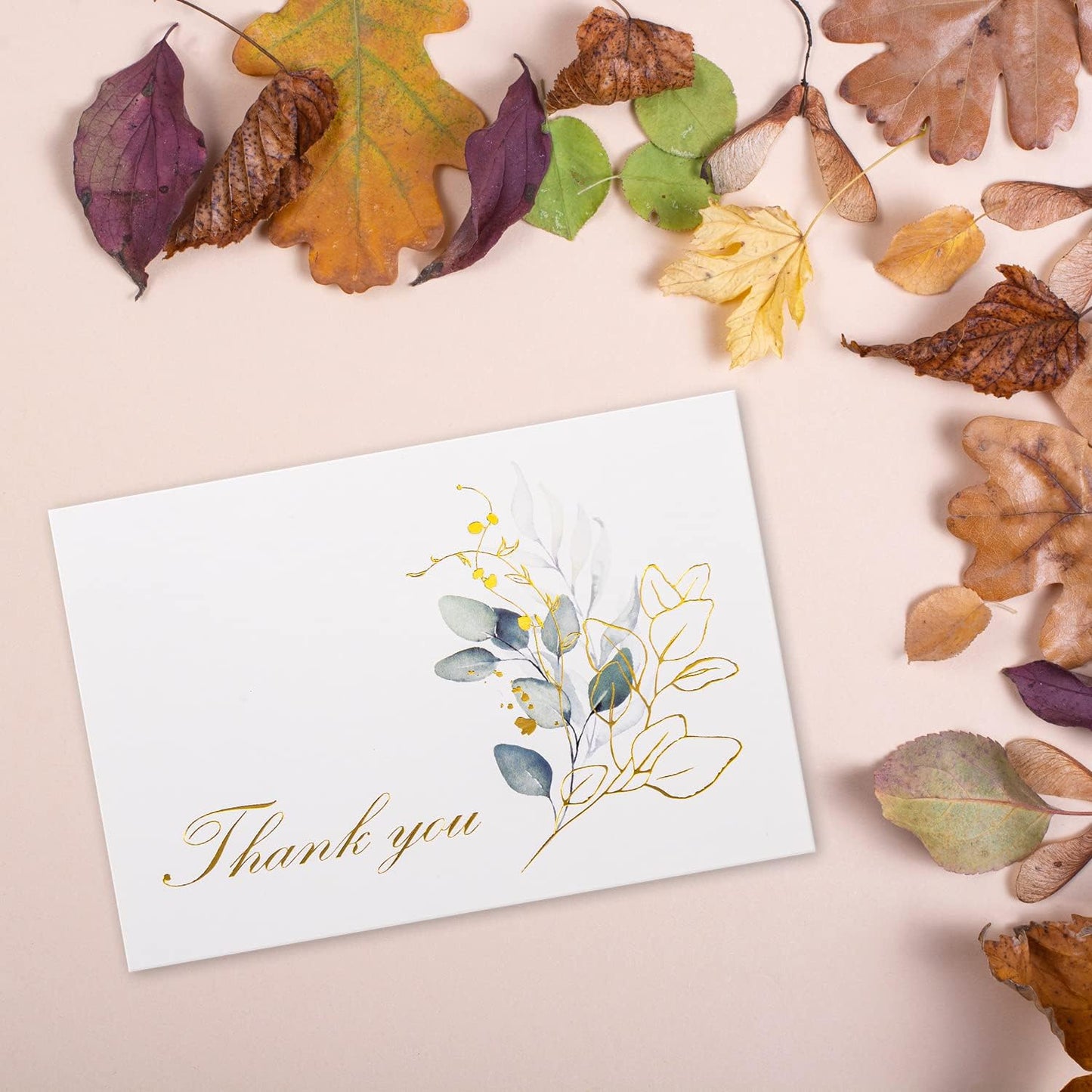 100 Bulk Thank You Cards with Envelopes White and Greenery Gold Foil – Floral watercolor Cards Thank You Notes with Envelopes and Eucalyptus leaves for Wedding Bridal Baby Shower Graduation Fune