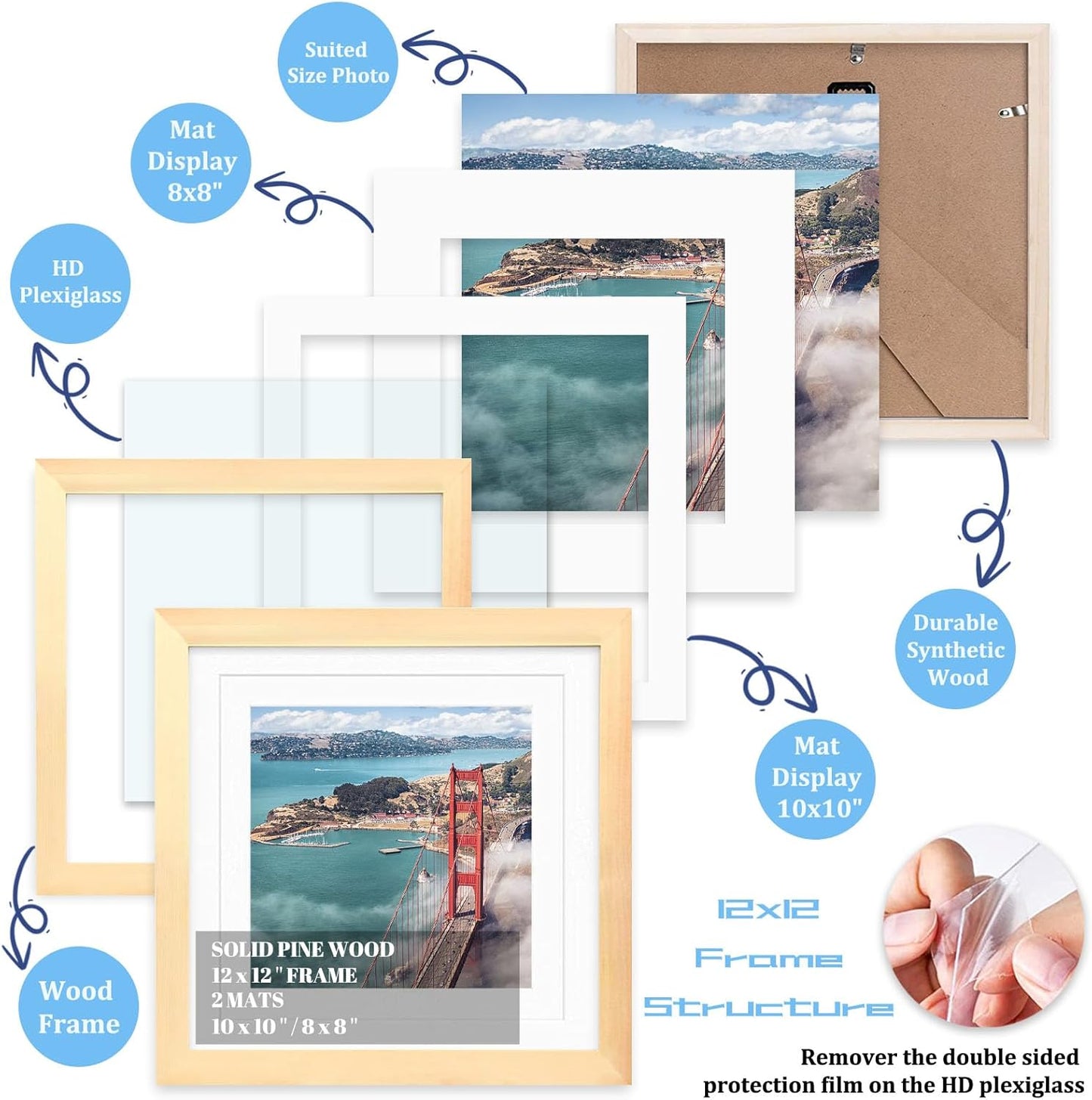 12x12 Wood Picture Frames for Wall Hanging or Tabletop,Diamond Painting Frame Baby Scan Picture Frames with 2 Mats Display 8x8 or 10x10 for Family Walls